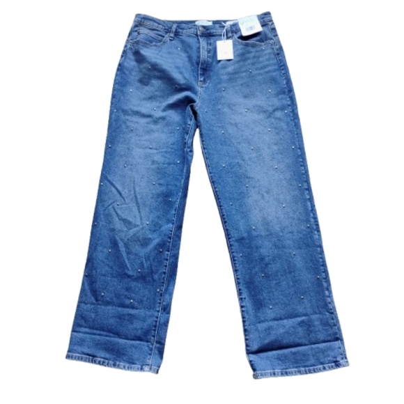 NWT Jessica Simpson Zinnia Wide Leg Boyfriend Jeans Size 14 Dark Wash Studded - Picture 2 of 8